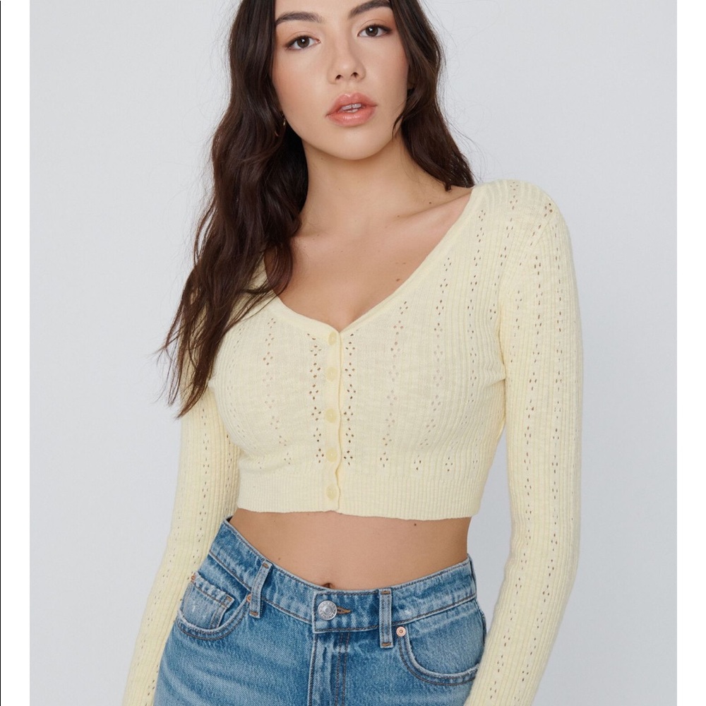 Garage Pointelle Yellow Crop Cardigan